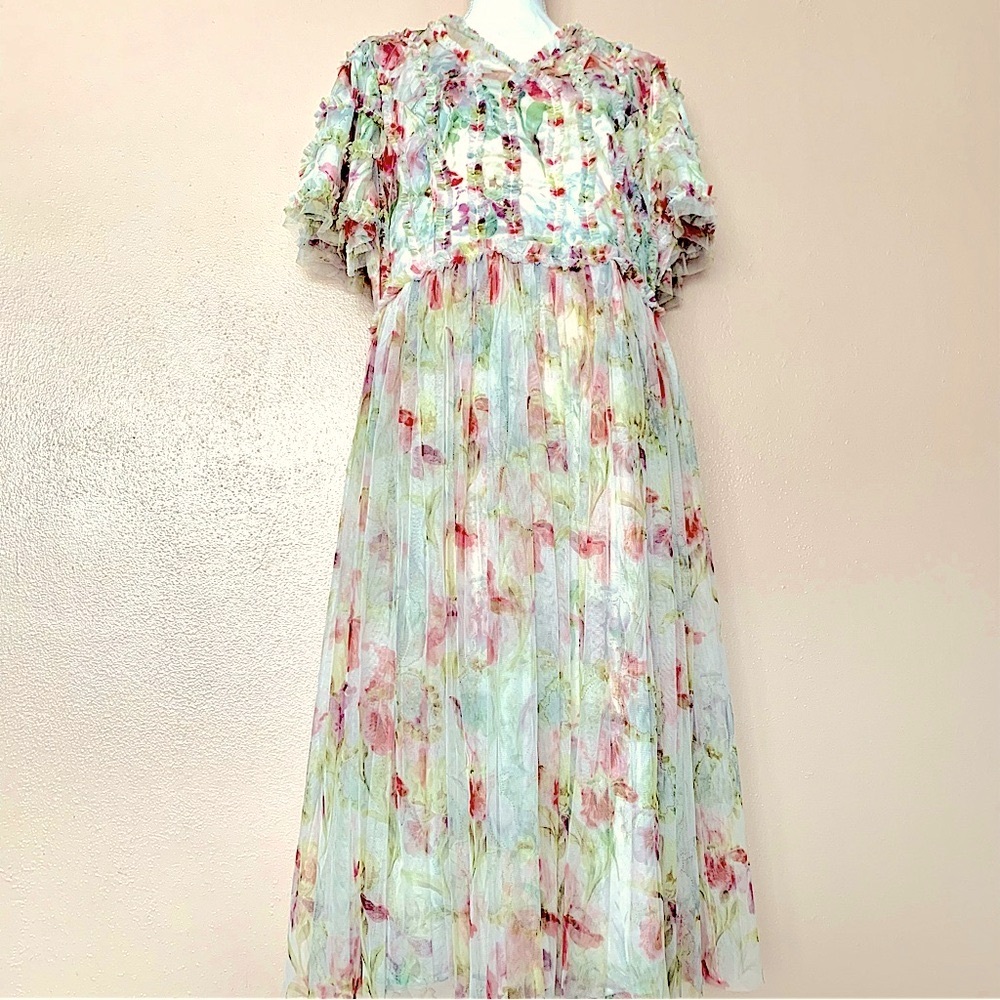 DM Fashion White Green & Red Ruffle Tulle Floral Belle Sleeve Dress.
